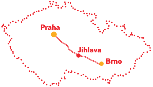 Obrys hranice ČR s vyznačenou dálnicí D1 s městy Praha, Jihlava a Brno